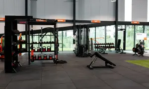 Estanterías con pesas, kettlebells y equipo de entrenamiento funcional en un gimnasio. Todo listo para tu **basic fit**.