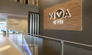 Letrero luminoso "VIVA GYM" sobre pared de madera. Escaleras con luces azules y barandilla de cristal.