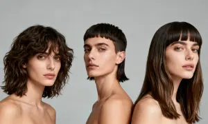 Tres modelos muestran diferentes cortes de pelo modernos: uno con capas onduladas, otro con un mullet corto y el tercero con flequillo recto.