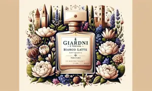 Perfume "Bianco Latte" de Giardini, rodeado de flores blancas y arquitectura toscana.