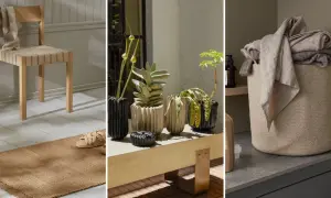 Detalles de un hm home: silla de madera, plantas en macetas texturizadas y cesta de lavandería de yute.