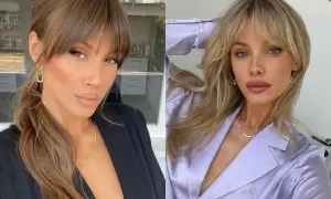 Dos mujeres con flequillo cortina. La de la izquierda, morena, lleva un blazer negro. La de la derecha, rubia, viste un blazer lila.