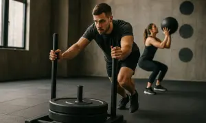 Hombre empujando un trineo de peso, parte de un entrenamiento HYROX. Mujer en cuclillas con balón medicinal al fondo.