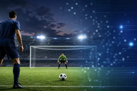 Futbolista ante un penalti que se transforma en una escena digital