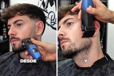 Un hombre se recorta la barba italiana con una máquina. El antes y el después de un corte de barba perfecto.