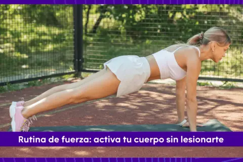 Mujer en posición de plancha, parte de una rutina de ejercicios de fuerza.