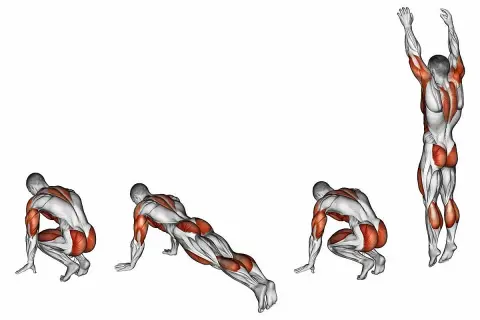 Secuencia de un hombre realizando burpees, mostrando las fases de sentadilla, plancha, y salto vertical.