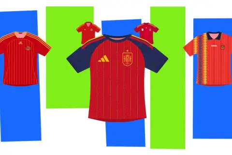 Varias camisetas de fútbol de España, incluyendo un diseño que podría ser la camiseta mundial españa 2026, con franjas rojas y detalles amarillos y azules.