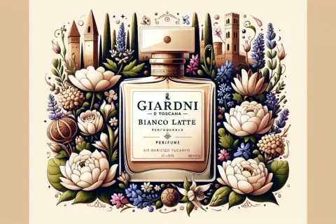 Perfume "Bianco Latte" de Giardini, rodeado de flores blancas y arquitectura toscana.