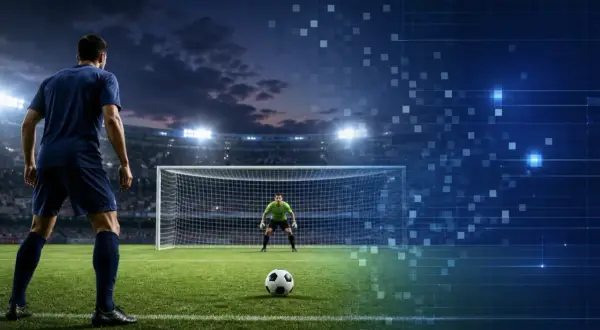 Futbolista ante un penalti que se transforma en una escena digital