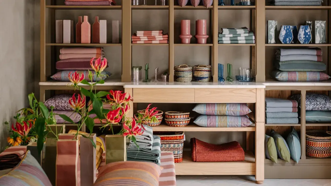Estanterías de madera con textiles coloridos, cestas y jarrones. Un toque de mango home con flores rojas vibrantes.