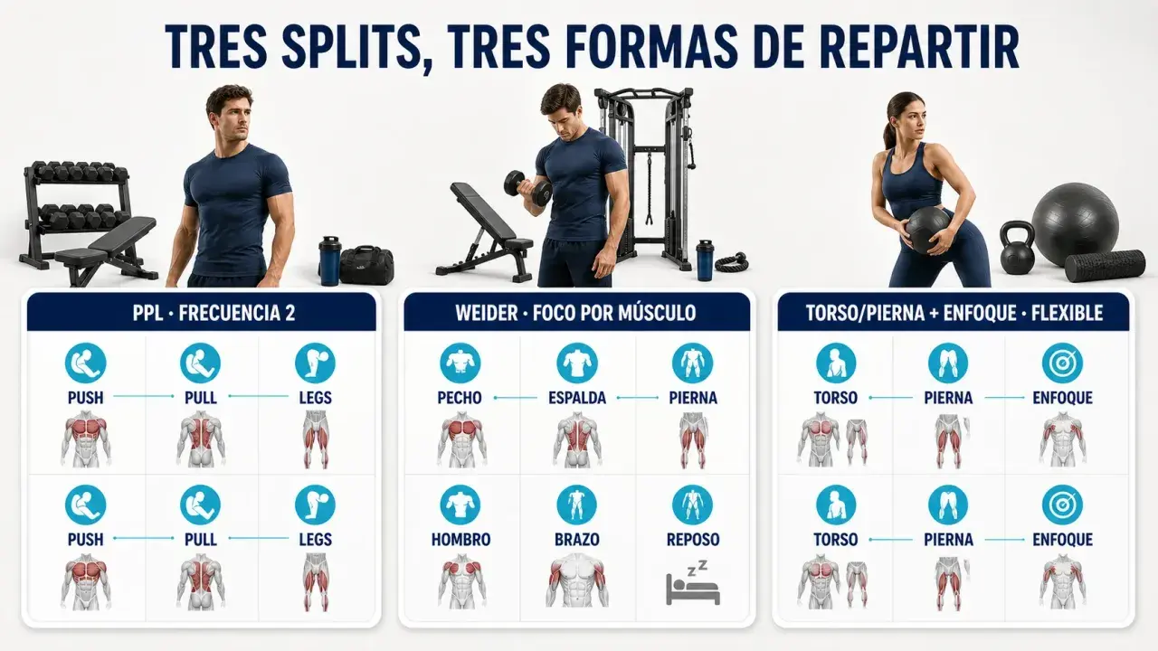 Tres rutinas de entrenamiento: PPL, Weider y Torso/Pierna. Cada una detalla los grupos musculares y la frecuencia para optimizar tus ejercicios.