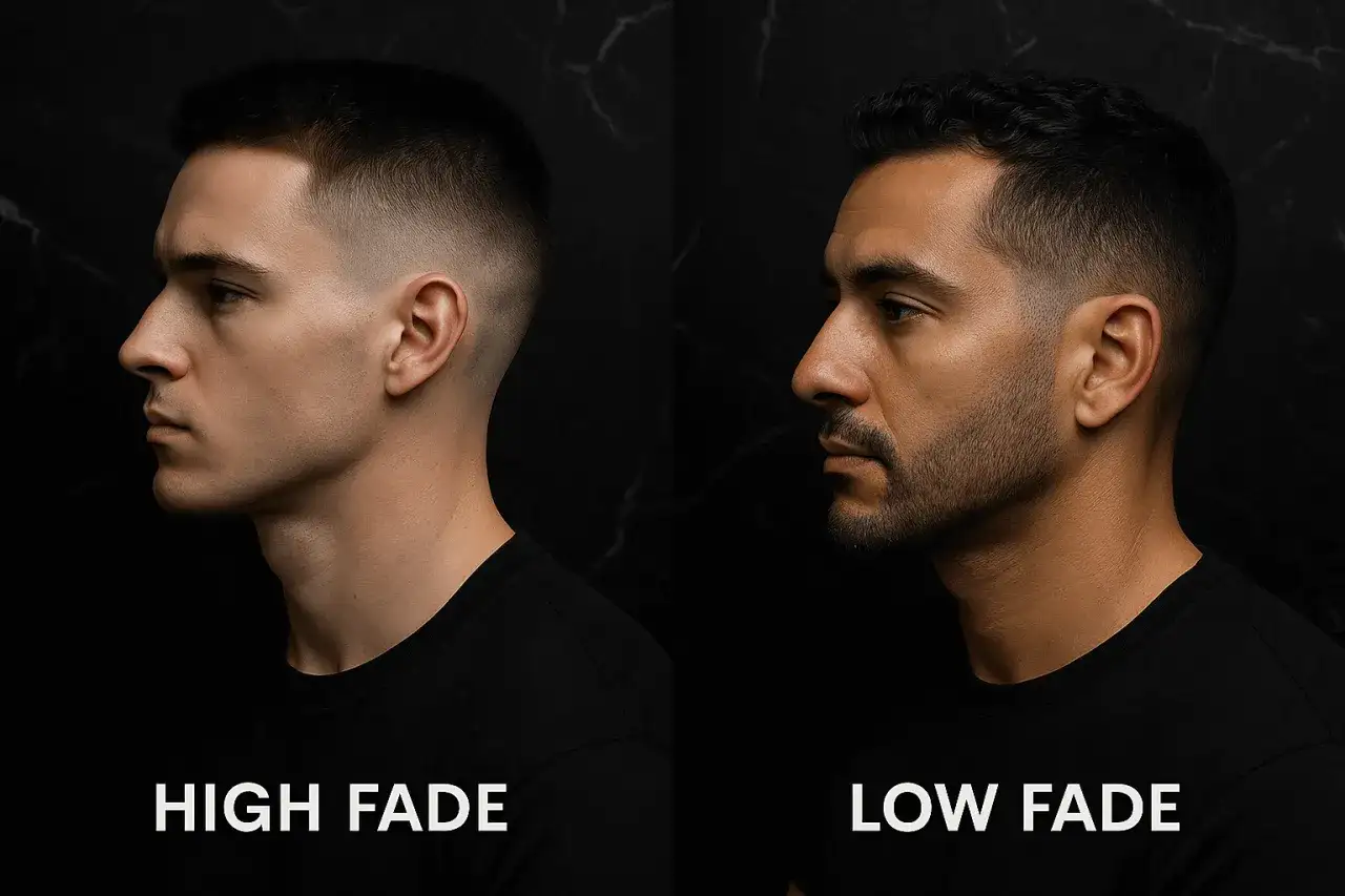 Dos hombres con cortes de pelo modernos. El de la izquierda tiene un corte "high fade", el de la derecha un "low fade".
