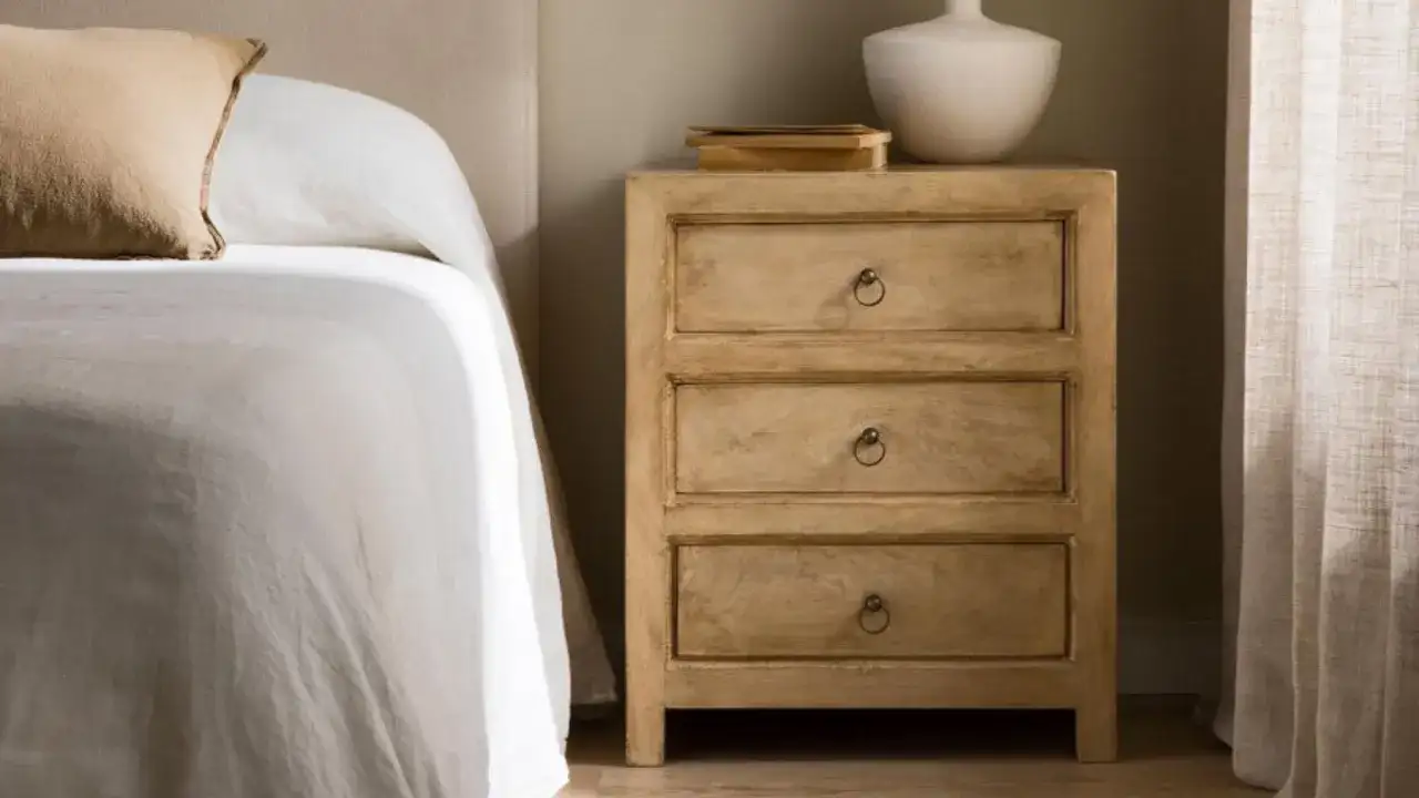 Mesita de noche de madera clara con tres cajones, parte de un dormitorio kenay home. Un jarrón blanco y libros decoran la superficie.
