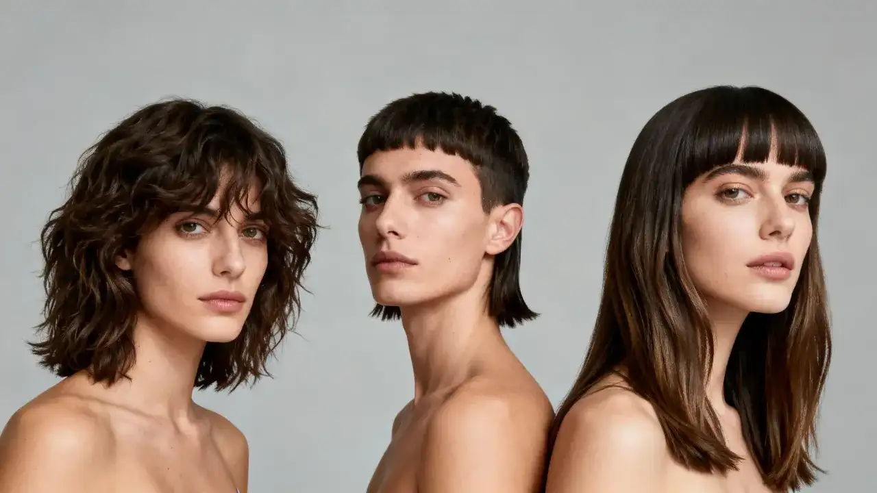 Tres modelos muestran diferentes cortes de pelo modernos: uno con capas onduladas, otro con un mullet corto y el tercero con flequillo recto.