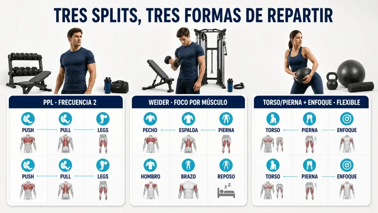 Tres rutinas de entrenamiento: PPL, Weider y Torso/Pierna. Cada una detalla los grupos musculares y la frecuencia para optimizar tus ejercicios.