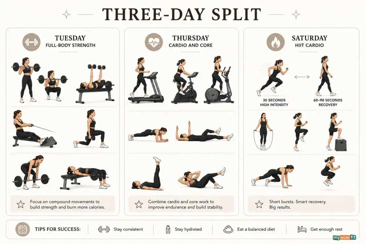 Rutinas de entrenamiento: martes fuerza total, jueves cardio y core, sábado HIIT. Consejos para el éxito: constancia, hidratación, dieta y descanso.