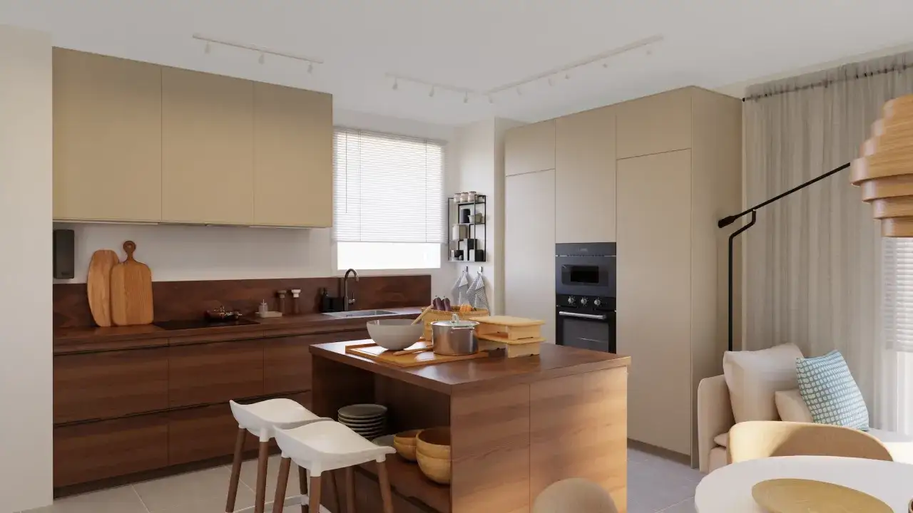Cocina moderna con isla central, taburetes y electrodomésticos integrados. Inspiración de Ikea España para un hogar funcional y elegante.