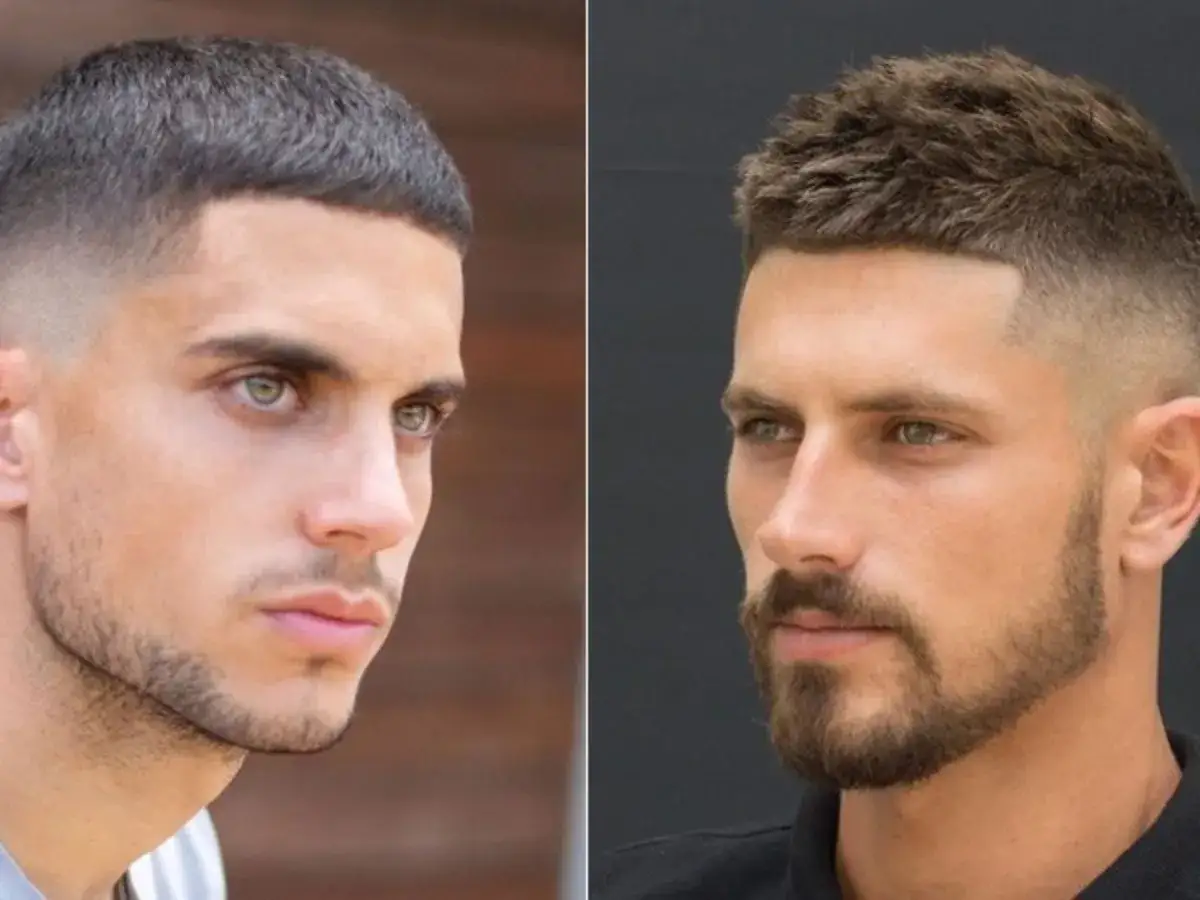 Dos hombres con estilos de cabello buzz cut, uno con barba corta y el otro con barba más larga.