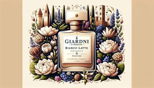 Perfume "Bianco Latte" de Giardini, rodeado de flores blancas y arquitectura toscana.