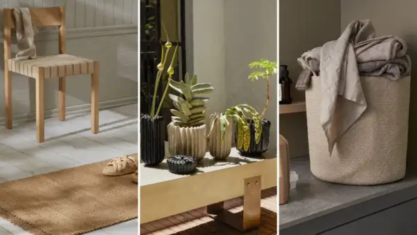 Detalles de un hm home: silla de madera, plantas en macetas texturizadas y cesta de lavandería de yute.