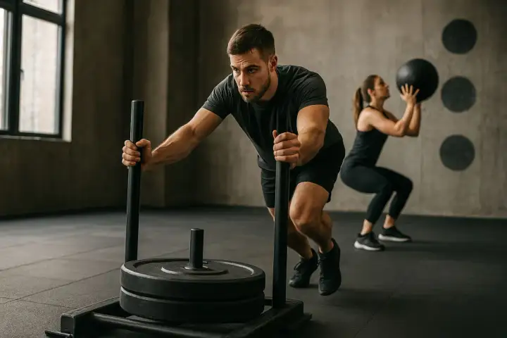 Hombre empujando un trineo de peso, parte de un entrenamiento HYROX. Mujer en cuclillas con balón medicinal al fondo.